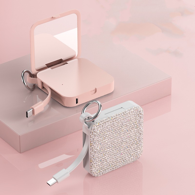 9938db42-3e09-4e18-bee9-b97a1dd0d23b.jpg Mini Keychain Comes With Wire Diamond-encrusted Beauty Mirror Mobile Charging Bank - Image 1